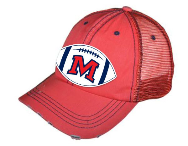 A red trucker patch hat