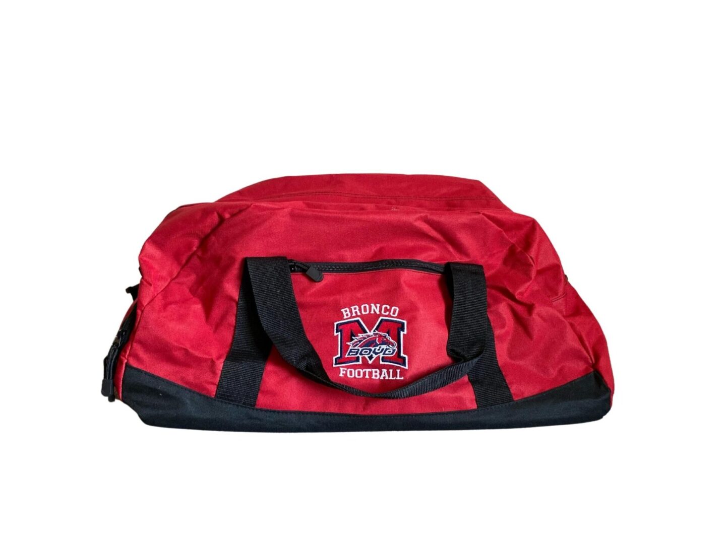 A red duffle bag with Boyd logo