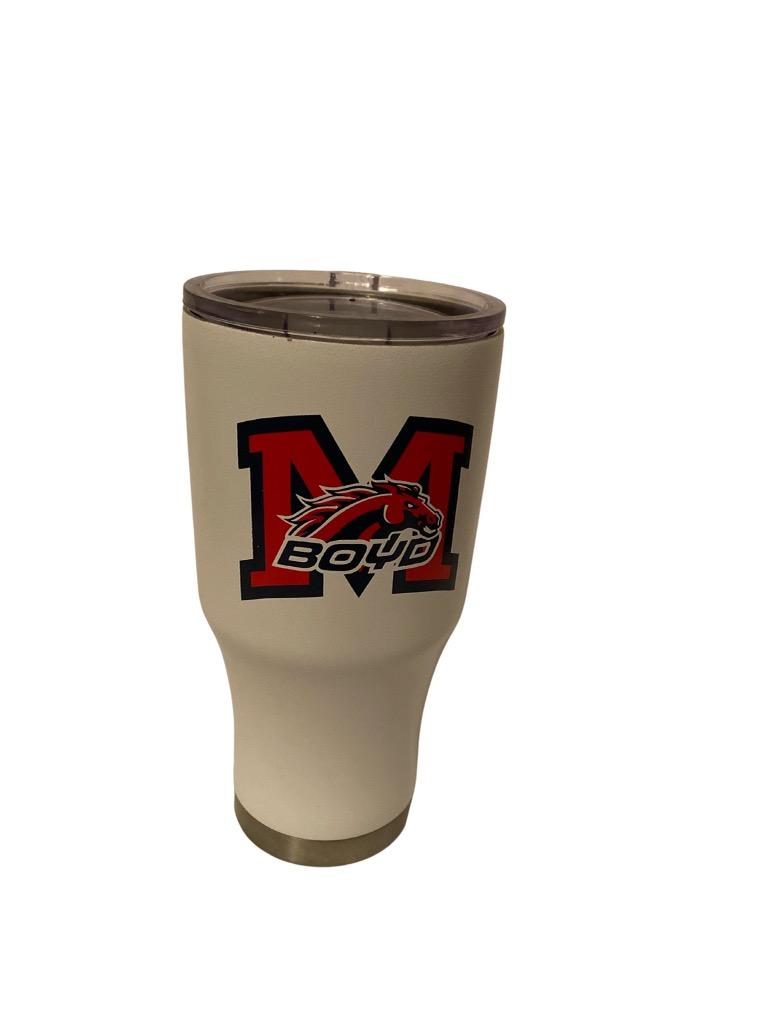 A white insulated tumbler with Boyd logo