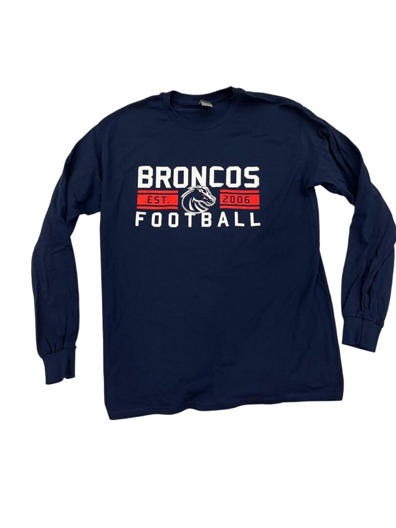 A navy-blue long-sleeve shirt with broncos football statement