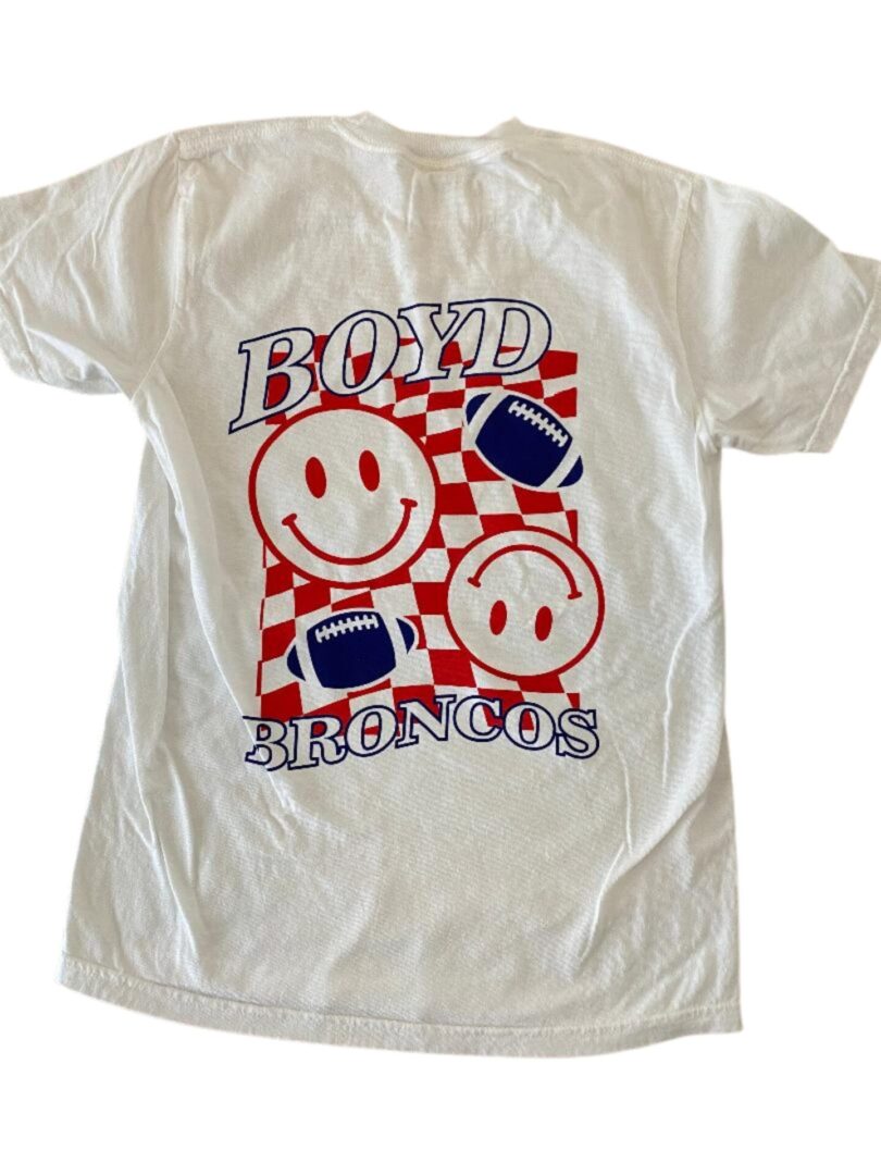 A white shirt with Boyd Broncos print