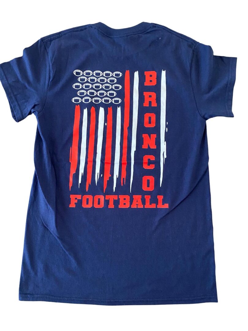 A navy-blue shirt with broncos football print
